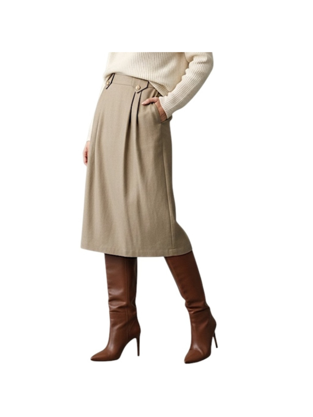 Vintage 80s 90s pure wool taupe brown pleated old money midi skirt 8